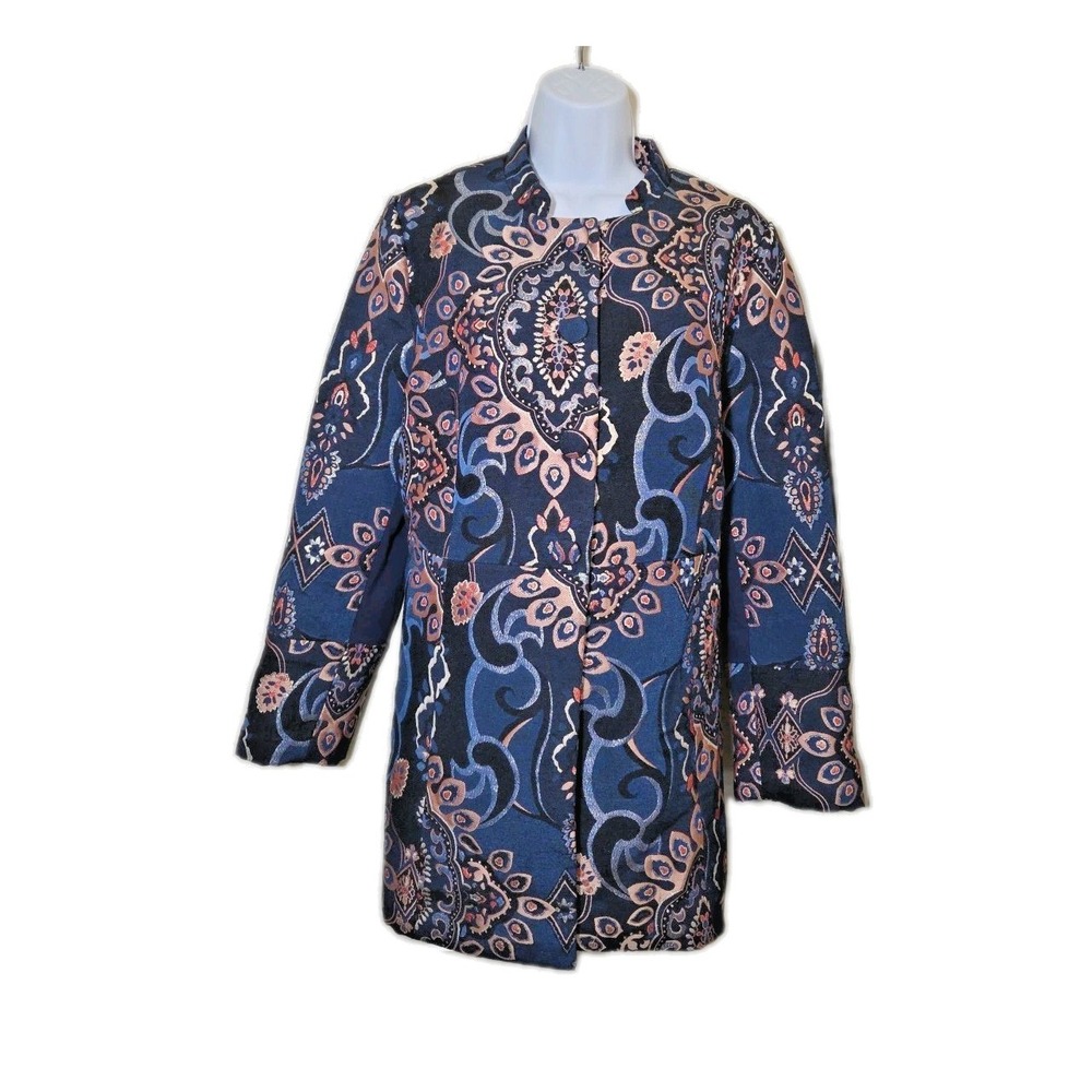 Chico's Jacquard Mandarin Collar Topper Jacket Blue‎ Metallic Size 1 US 8/10 M